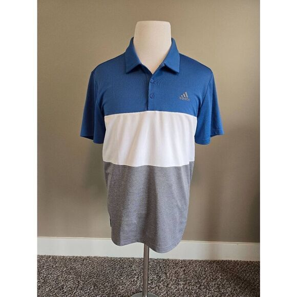 Adidas Golf Polo Sz L Colorblock Blue/Gray/White - Picture 1 of 6